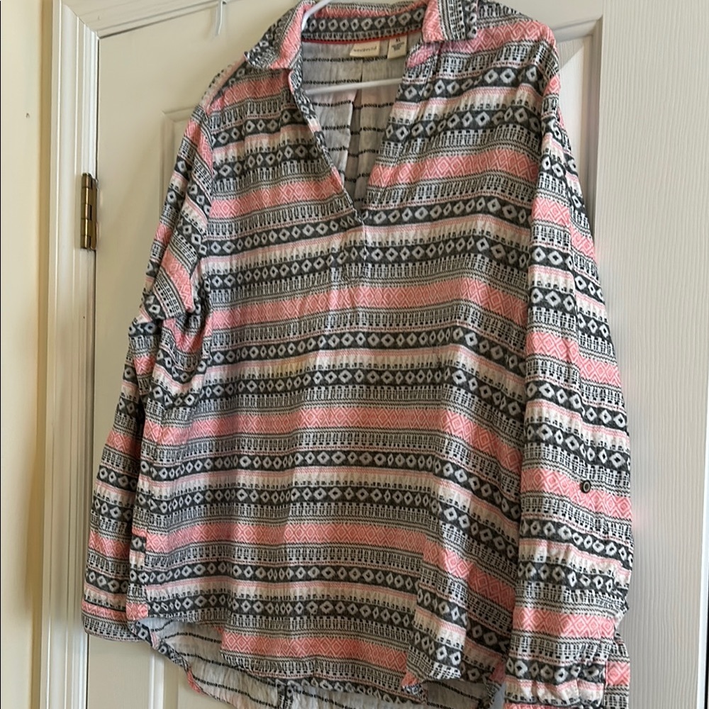 Pink and Blue Long Sleeve Polo Blouse with Boxy Relaxed Fit